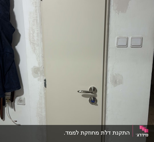 דלת לבנה עם ידית כסופה על קיר לבן